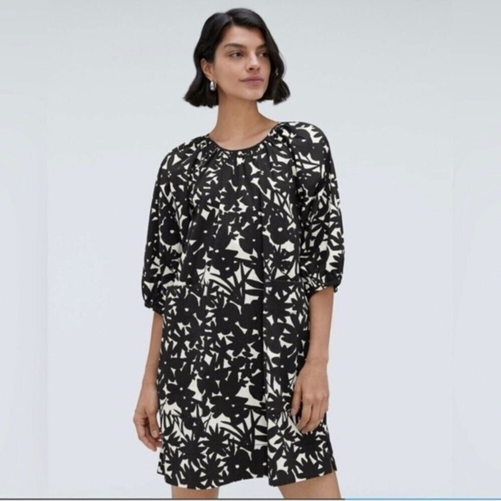Everlane Floral Seersucker Puff Sleeve Dress Black White Pockets Cottagecore S